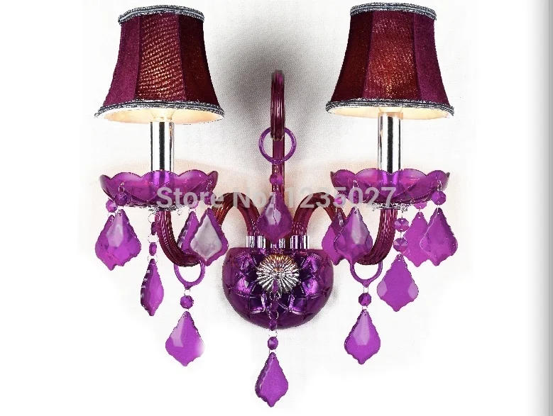 Description Picture 3 of itemNew Arrival Hotsale Purple Crystal Wall Lamp Candle Led E14 Bulbs Purple Fabric Lampshade 2 Lights 100% Guaranteed