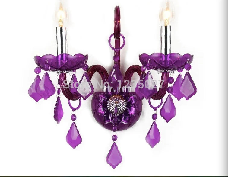 Description Picture 4 of itemNew Arrival Hotsale Purple Crystal Wall Lamp Candle Led E14 Bulbs Purple Fabric Lampshade 2 Lights 100% Guaranteed