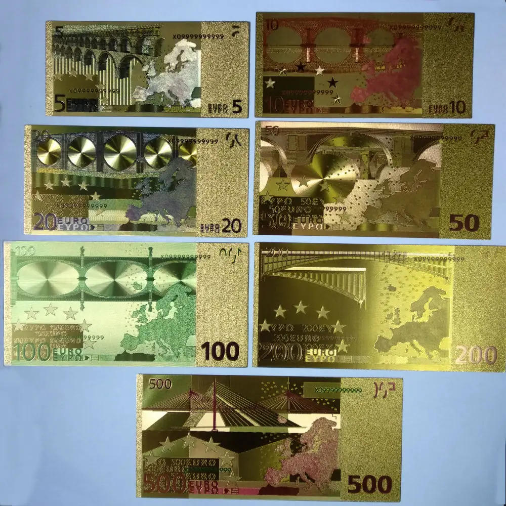 Description Picture 3 of itemColorful 24k Gold Foil 7pcs Euro US Dollar Set Banknote Decor Souvenir Gift Creative Gold Foil Paper
