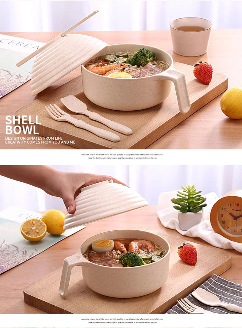 Description Picture 3 of itemEco-Friendly Wheat Straw Instant Noodles Bowl With Lid Handle Dinnerware Set Soup Salad Rice Bowl Microwaveable Japanese Bowls