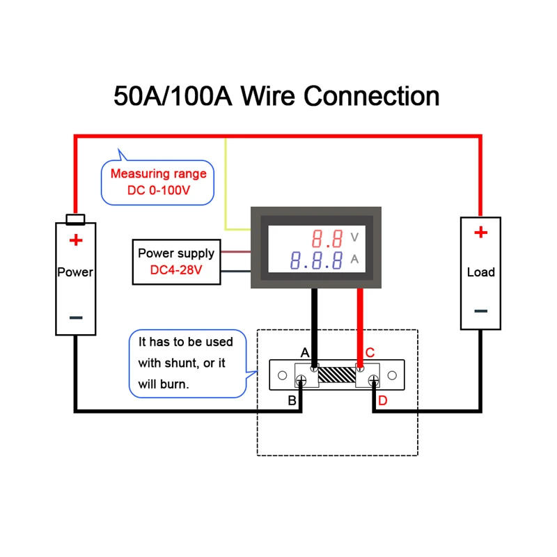 Description Picture 4 of itemDigital Ammeter Voltmeter DC 100V 10A 50A 100A Amp Meter Volt panel Voltage Current Meter Tester Gauge Dual LED Auto Car