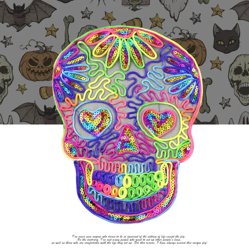 Description Picture 2 of itemLarge Skull Sequin Patch Sew on Sticker for Clothes DIY Biker Applique Clothing Stickers Repair Jacket Patches for Backpacks