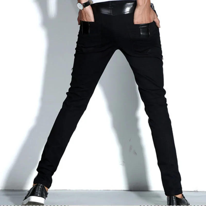 Description Picture 5 of itemFashion Men's Night Club DJ Pants Skinny Patchwork PU Leather Pants With Zippers Punk Style Black Trousers For Men