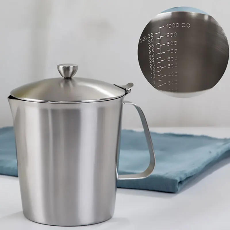 Description Picture 4 of item304 Stainless Steel Milk Frothing Pitcher Jug with Lid and Measurment  Upgraded Thicken Measuring Cups Coffee Foam Container