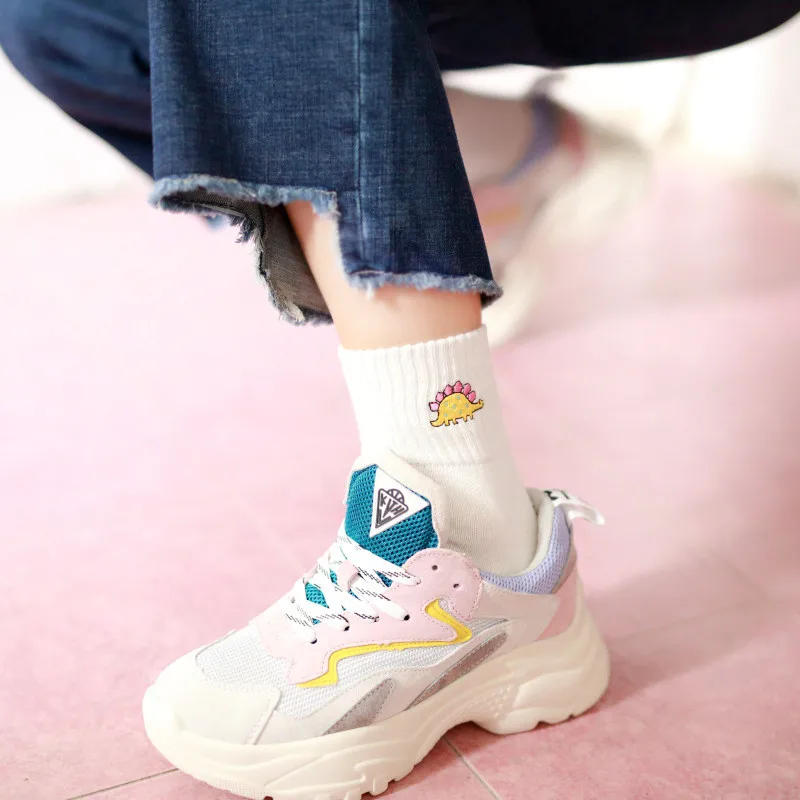 Description Picture 2 of itemCute Women Embroidery Dinosaur Cotton Socks white Lovely Cartoon Animal Vintage Short Socks Novelty Crazy Funny Cozy Sock Funky
