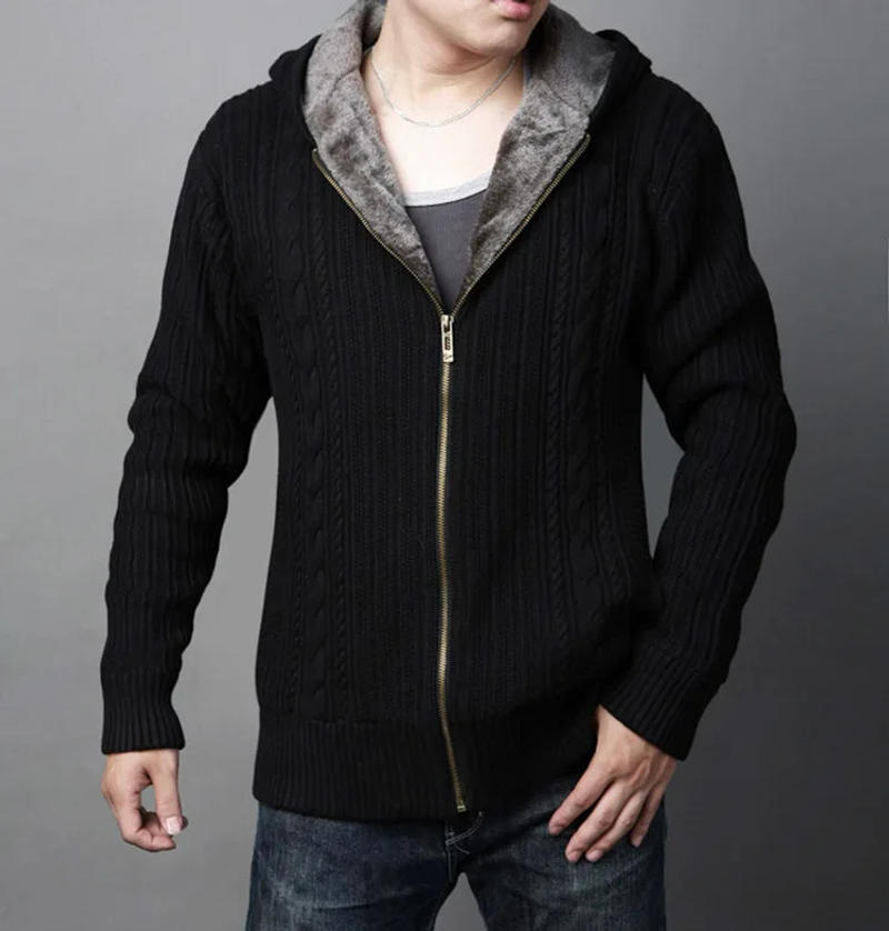 Description Picture 4 of itemMen Cardigan Plus Size Winter Thick Warm Wool Male Knitted Slim Fit Cashmere Fleece Sweater Autumn Hooded Coat Zipper Black 5xl