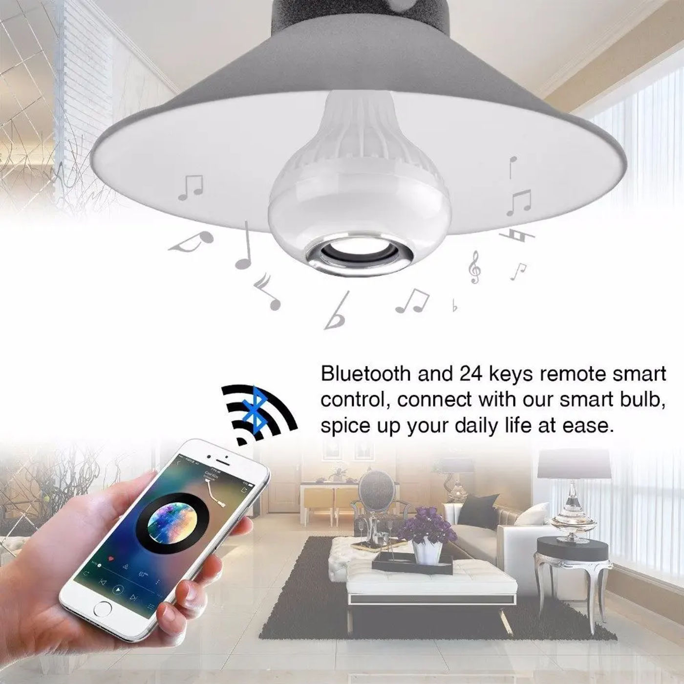Description Picture 5 of itemE27 RGB Bluetooth Speaker Bulb Light 12W Music Playing Dimmable Wireless Led Lamp with 24 Keys Remote Control