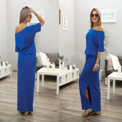 Sexy Slash neck Side Split Loose Dress Women Summer Long Maxi Dress Short Sleeve Evening Party Dress