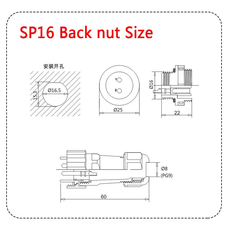 Description Picture 3 of itemSP16 Connector 2pin /3/4/5/6/7/8/9 Waterproof IP68 Male Plug and Female Socket Power Cable Connectors
