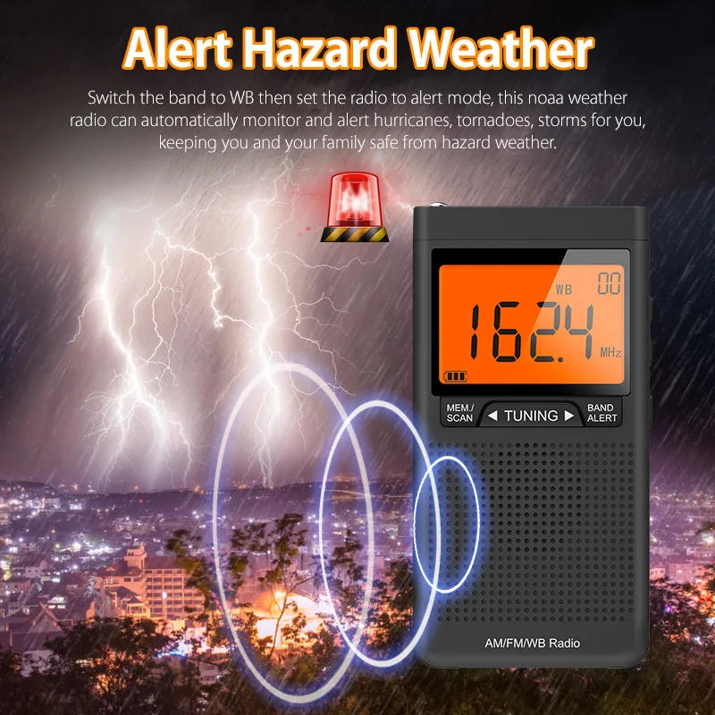Description Picture 4 of itemPortable Weather Radio FM AM NOAA Emergency Pocket Radio With Weather Warning Alarm Clock Auto-Search Channels Mini Hand Radio