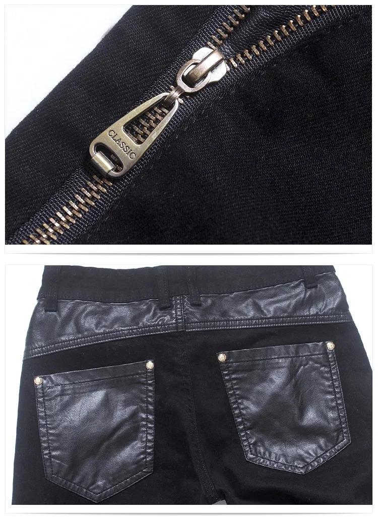 Description Picture 5 of itemFashion Designer Men's Black Zipper Motorcycle Leather Pants Korean Slim Skinny splice Leather Pants Fashion Men's Denim Pants