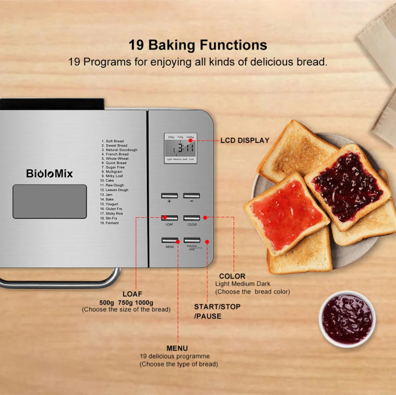Description Picture 6 of itemBiolomix Stainless Steel 1KG 19-in-1 Automatic Bread Maker 650W Programmable Bread Machine with 3 Loaf Sizes Fruit Nut Dispenser