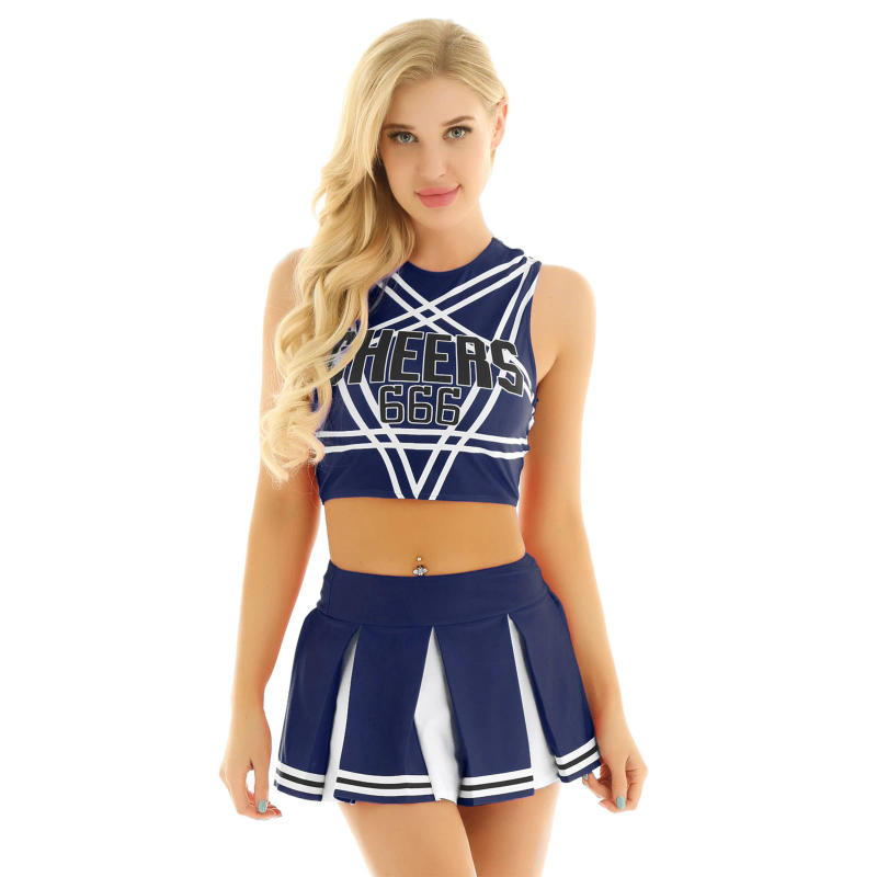 Description Picture 4 of itemWomens Cheerleader Cosplay Costume Set Pentagram Back Crop Top with Mini Pleated Skirt Charming School Girl Cheerleading Uniform