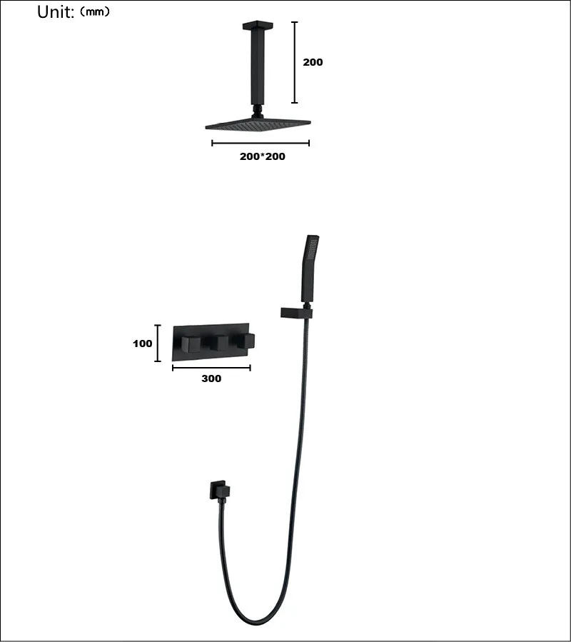 Description Picture 2 of itemCeiling Mount Rain Shower Faucet System Set Bathroom Bath Mixer Tap Matt Black Brass Diverter Hand Held 8" Head Wall Arm Kit