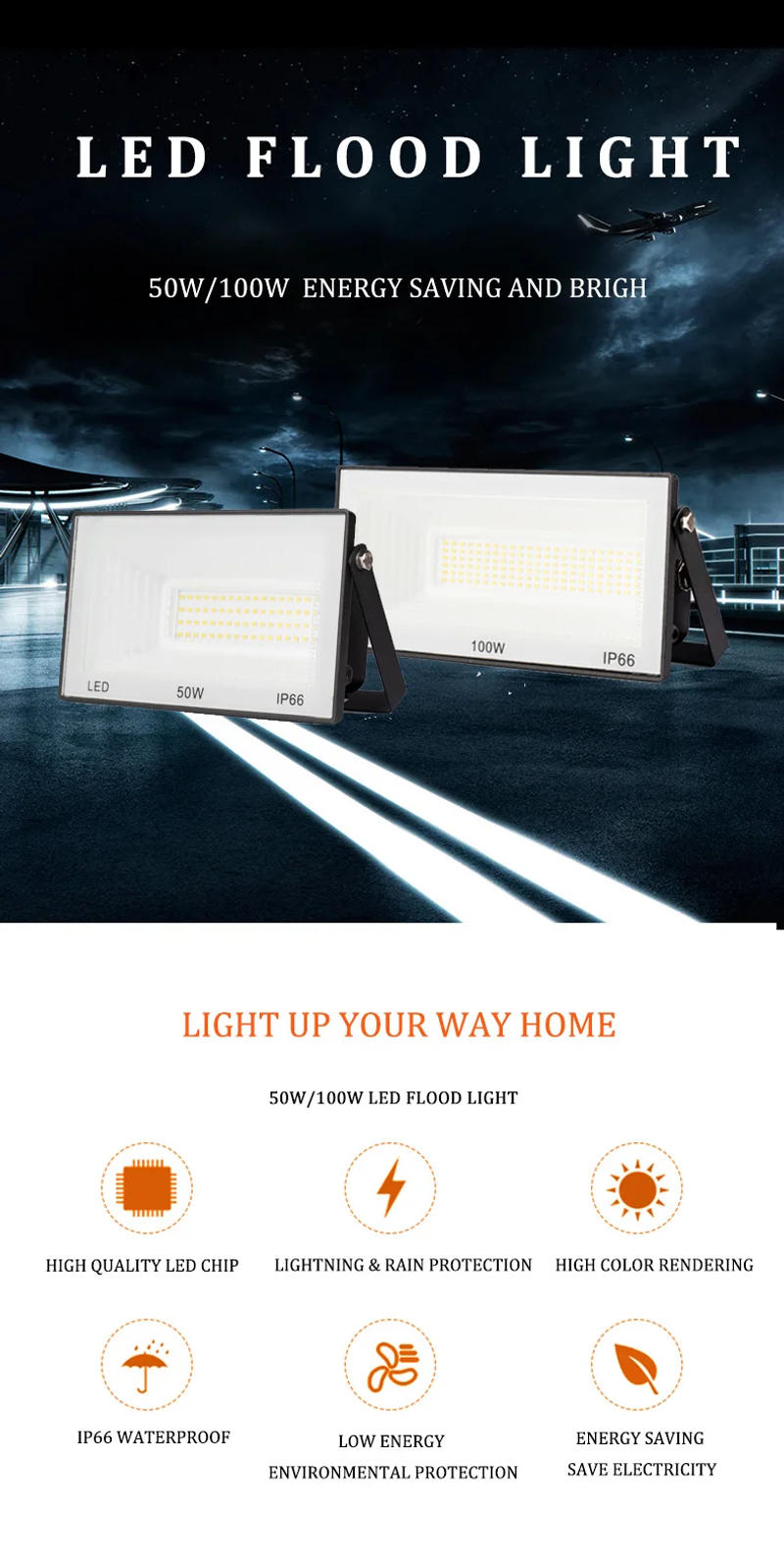Description Picture 2 of itemWaterproof Flood Light AC 220V IP65 50W 100W Projector LED Reflector Spotlight Street Garage Garden Outdoor Lamp