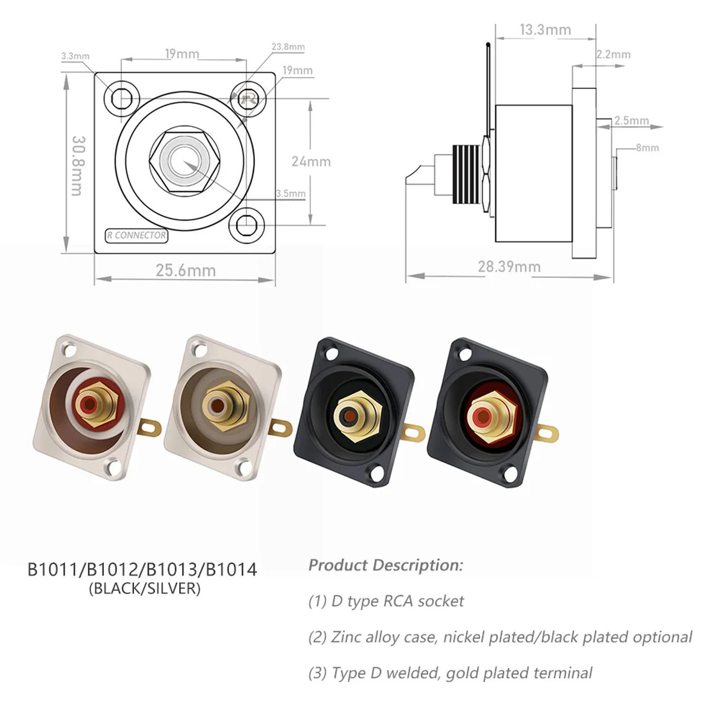 Description Picture 2 of item2pcs  Female RCA Panel Mount Chassis Socket Connector, Excellent quality, Black Female Socket, Red&Black Colors Available