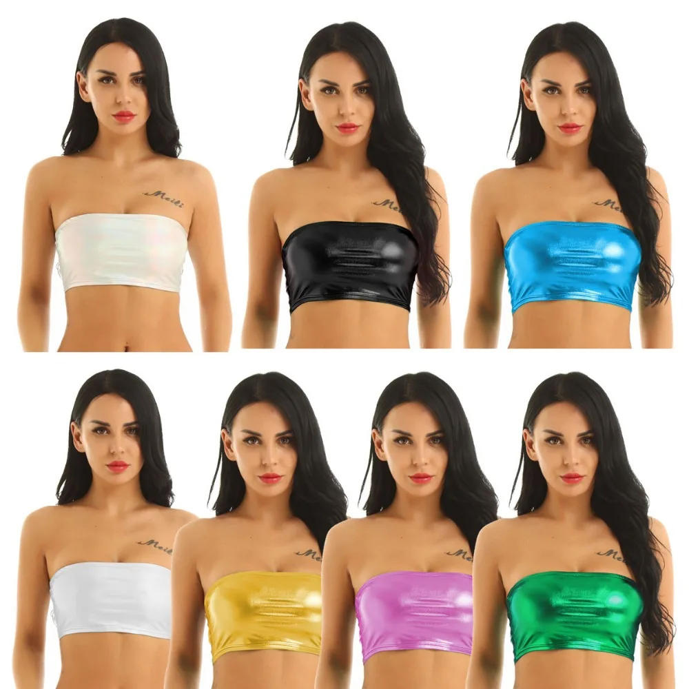 Description Picture 3 of itemWomen Sexy PU Leather Tube Tops Lady Off Shoulder Strapless Crop Top Blouse Shirt