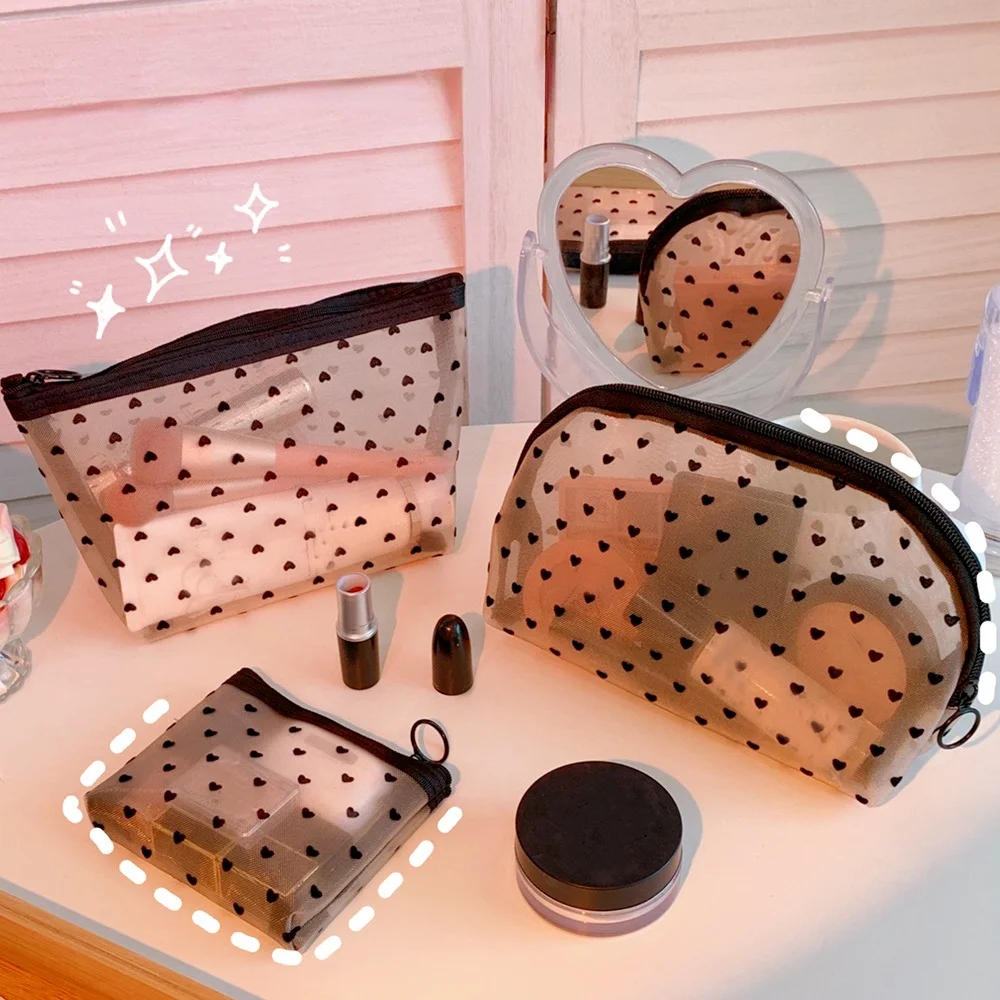 Description Picture 3 of itemFashion Black Dot Transparent Mesh Cosmetic Bag New Zipper Women Travel Toiletry Wash Makeup Bag Storage Case Make Up Bags
