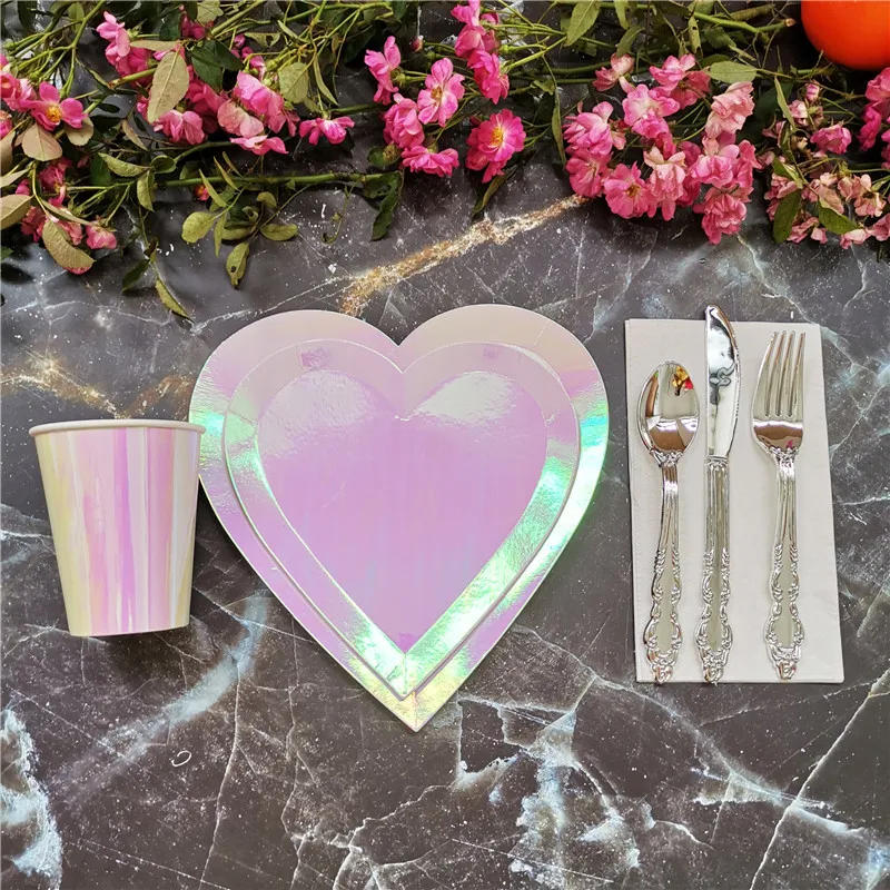 Description Picture 3 of itemReflective Rainbow Disposable Tableware Sets Paper Plates Cups Iridescent Wedding Birthday Party Decor Rainbow Party Supplies