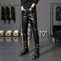 HOO 2024  Men's New Threading Decorative Leather Pants Youth Personality Motorcycle Pants Black PU Leather Pants