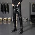 HOO 2024  Men's New Threading Decorative Leather Pants Youth Personality Motorcycle Pants Black PU Leather Pants