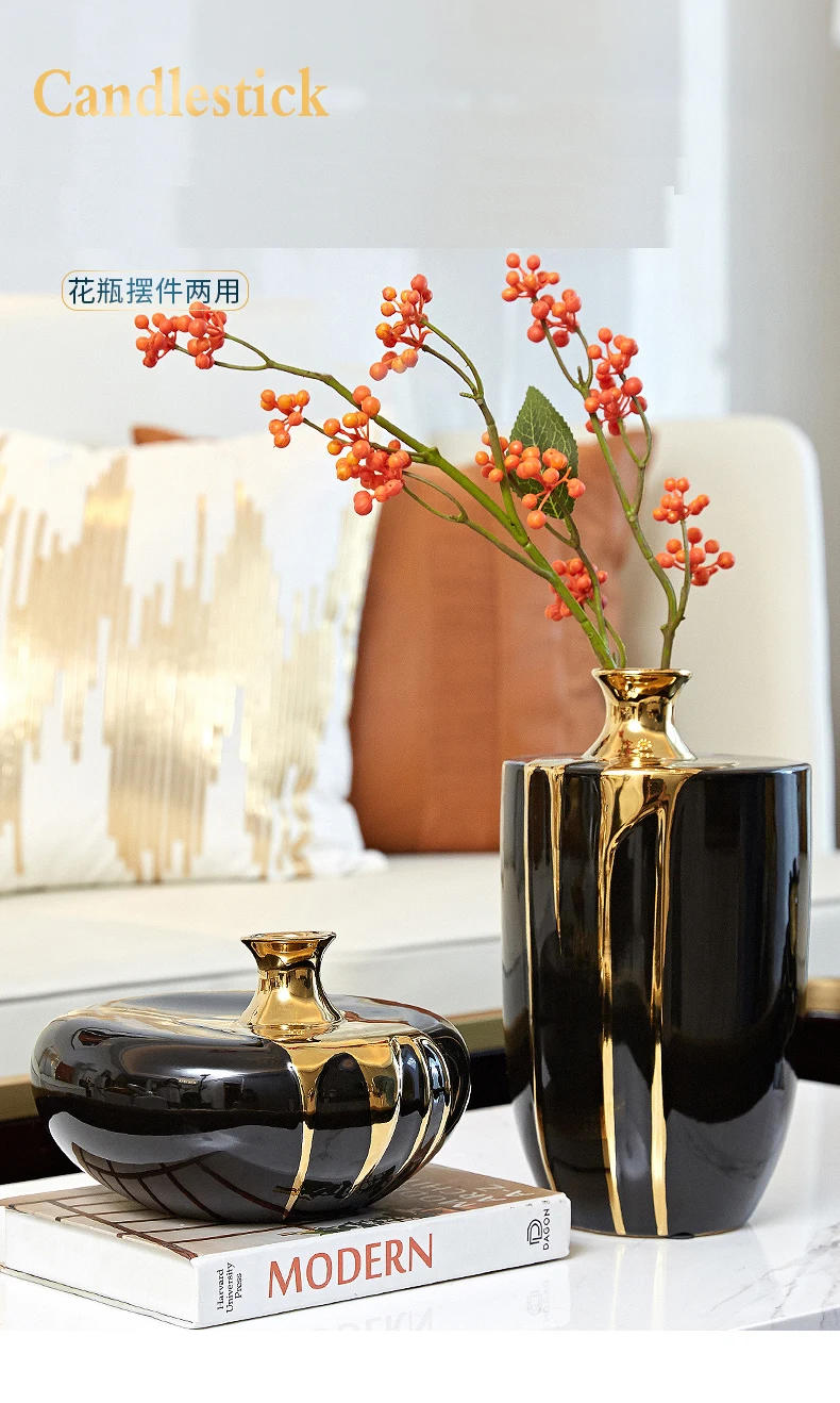 Description Picture 2 of itemModern Luxury Ceramic Vase Flower Arrangement Dried Flower Decoration Black Gold Vase Living Room Decoration Flower Vase Home