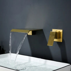Brushed Gold Bathroom Basin Faucet, Solid Brass Sink Mixer, Hot and Cold, Single Handle, 2 Holes Lavatory Crane, Waterfall Tap