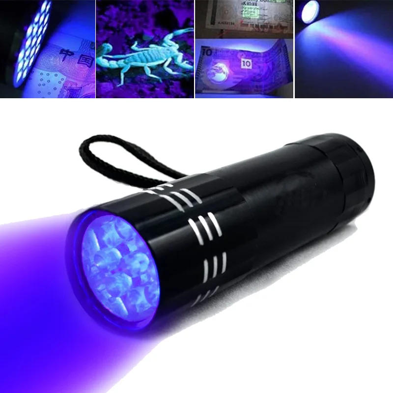 Description Picture 6 of itemUV Light Torch Lamp Super Mini 9 LED Flashlight Black Ultraviolet Light Super Mini Aluminum UV Flashlight Torch Lamp