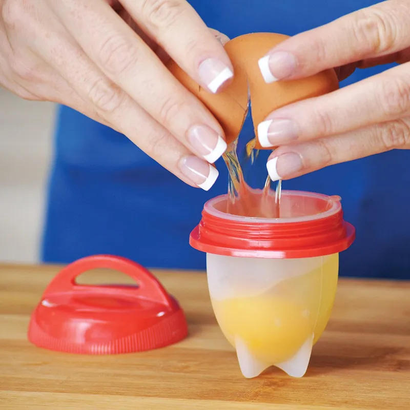 Description Picture 2 of item6 Pieces Egg Boiler Poachers Steamer Multi Functional Egg Slicer Cutter Silicone Egg Cups Boilers White Red Yolk Divider