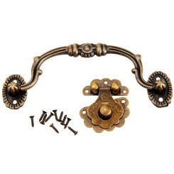 2pcs/set Pull Handle Knob + Lock Hasp Hook Antique Bronze Vintage Decorative Cabinet Jewelry Box Furniture Hardware Fittings
