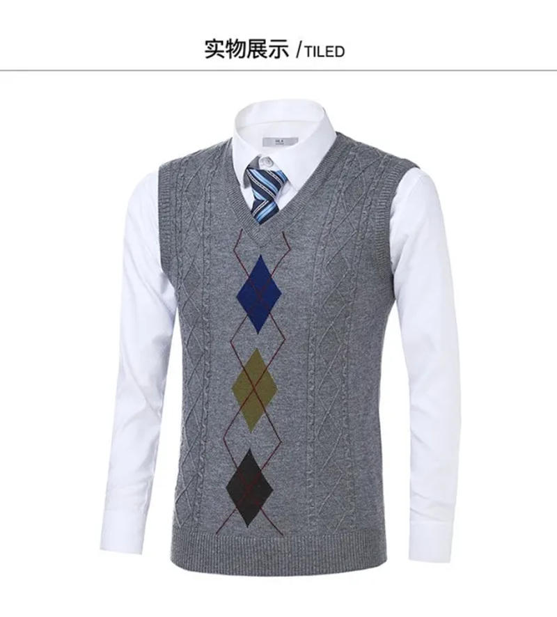 Description Picture 6 of itemNew Design Male Sweater Argyle Patterb Wool Vest Mens Casual Sleeveless Sweater Pullover Knit Wool Vest