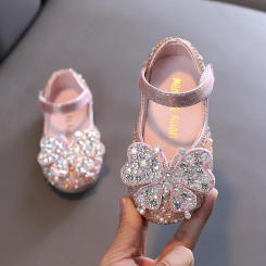 Children's Sequins Leather Shoes Spring Fashion Bling Rhinestone Bow Princess Shoes Kids Soft-Sole Flats Shoes G526