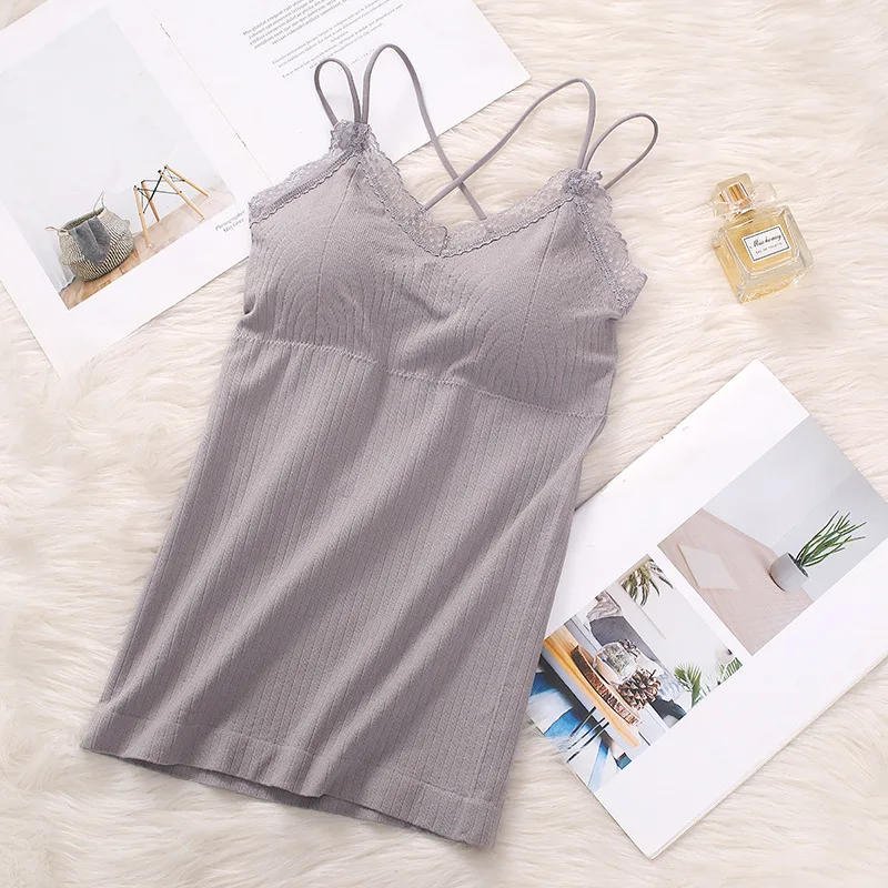 Description Picture 6 of itemWomen Paddwd Tank Top Seamless Underwear Comfort V-neck Cross Strap Bras Summer Lace Beauty Back Camisole Female Vest Tops