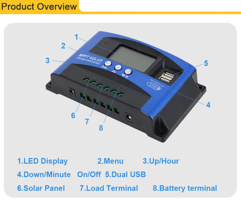 Description Picture 4 of itemMPPT Solar Charge Controller 30A 40A 50A 60A 100A Dual USB LCD Display 12V 24V Solar Cell Panel Charger Regulator with Load