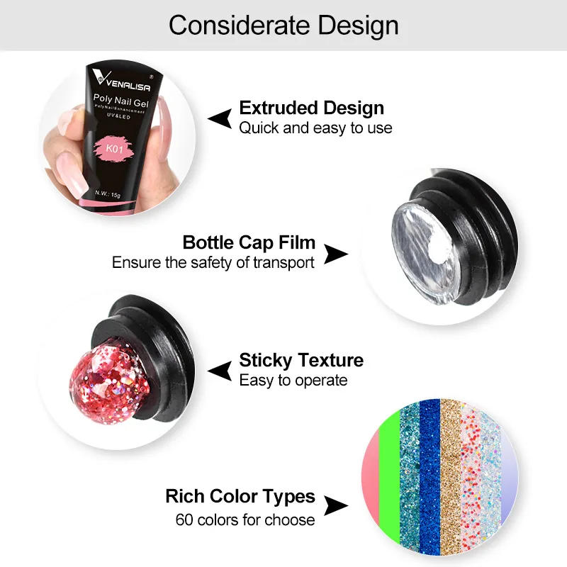 Description Picture 5 of itemVenalisa New Arrival Poly Nail Gel 15g Acrylic Gel with Nail Tips Nail Polish Extension Nail Art Clear Camouflage Gel