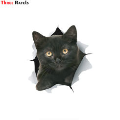 Three Ratels FTC-1044 3D Cat Stickers Black Kitten  For car motorcycle toy Wall Fridge Toilet
