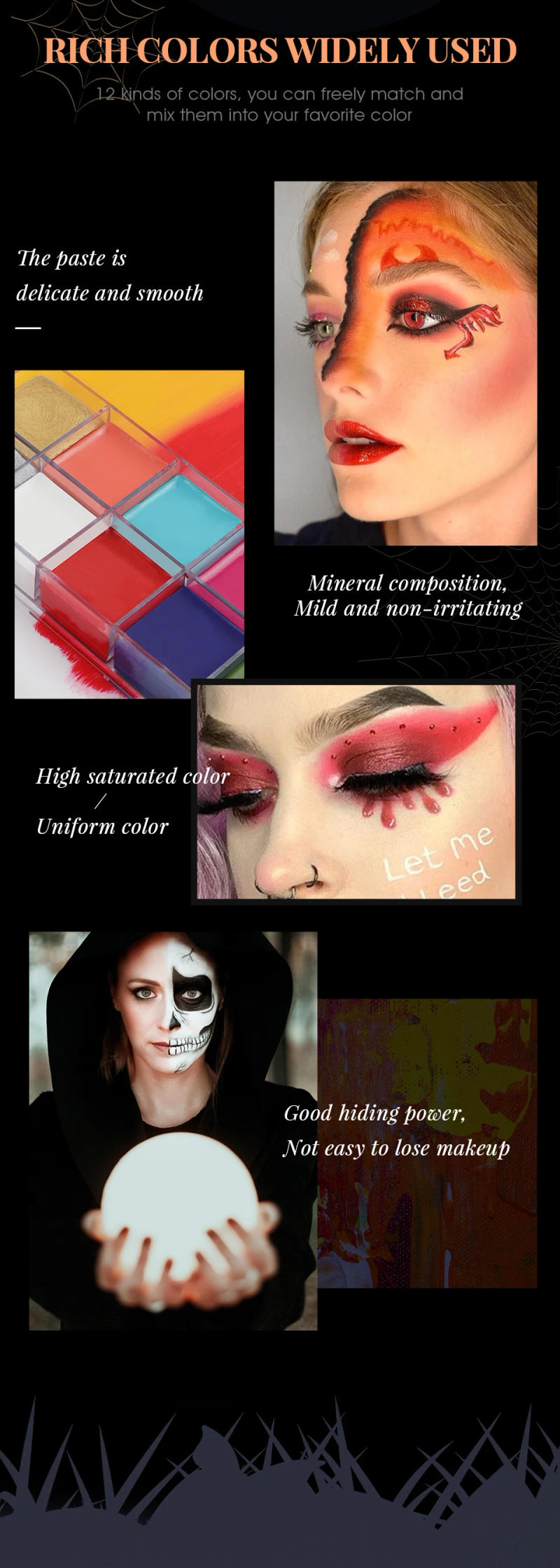 Description Picture 3 of itemIMAGIC Halloween Face Body Paint Oil Painting Art Make Up Set Tools Party Fancy Dress 12 Flash Tattoo Color+6pcs Make Up