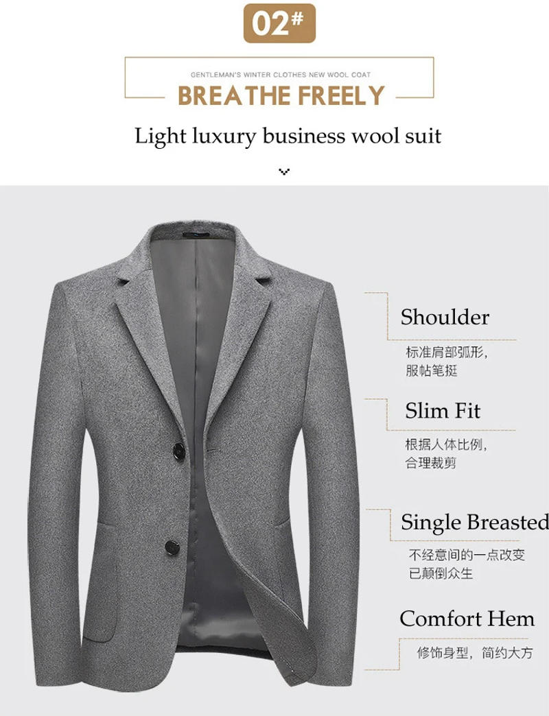 Description Picture 6 of itemMen Black Suit High Quality Winter Woolen Suit Blazer Casual Wool Suit Jacket Oversize Overcoat Male Button Up Top Windbreaker