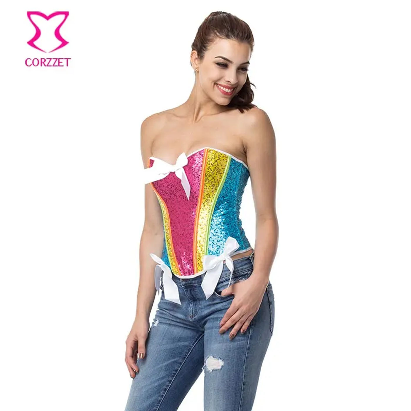 Description Picture 4 of itemCorzzet Rainbow Sequin Overbust Sexy Lingerie Corset Top Burlesque Gothic Bodices Women Steampunk Waist Trainer Bustier Mujer