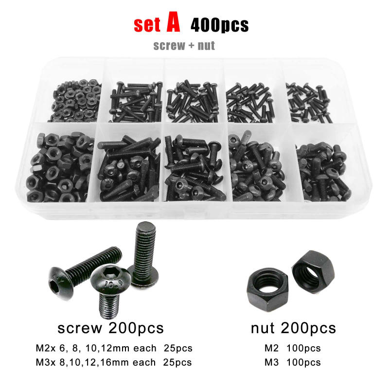 Description Picture 4 of item400/2100pcs M1.6 M2 M2.5 M3 M4 M5 Black Grade 10.9 Steel Hex Hexagon Socket Button Round Head Screw Bolt Nut Washer Set Kit Box