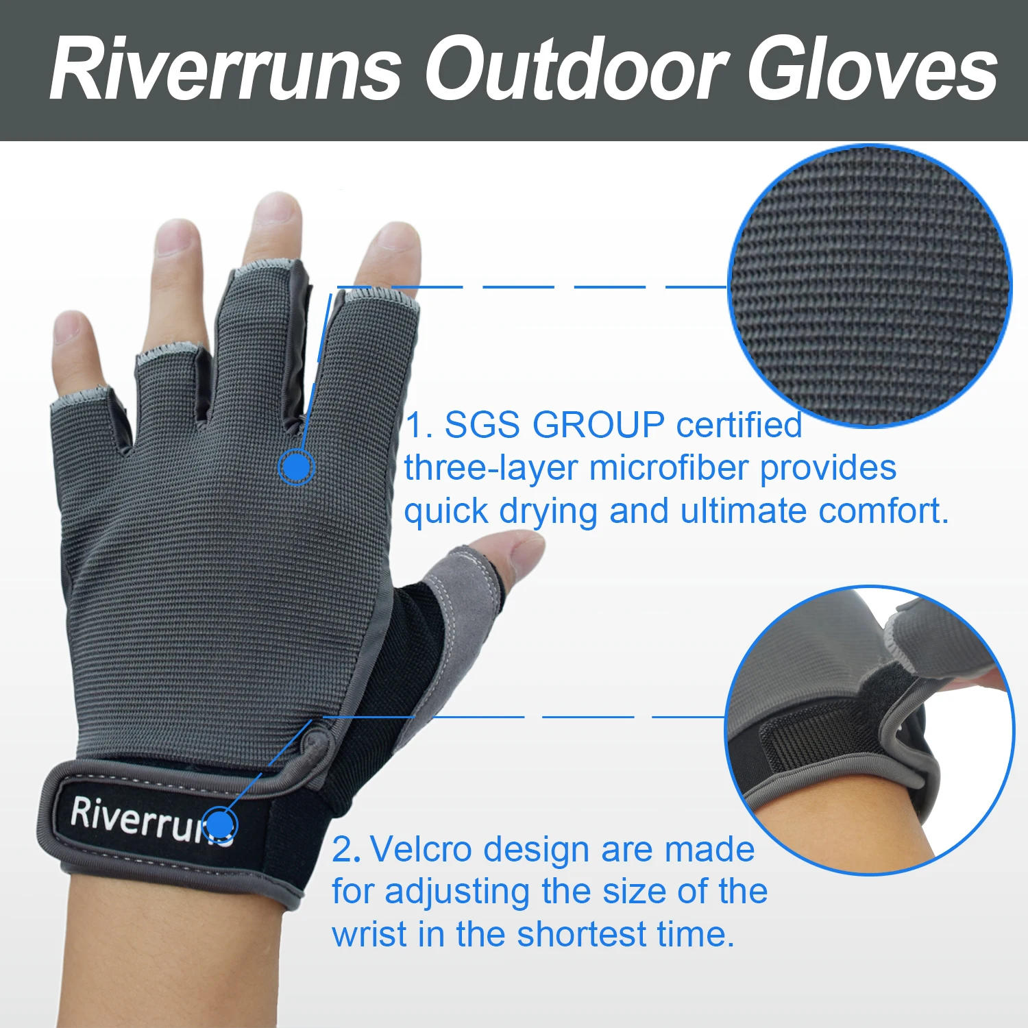 Description Picture 5 of itemRiverruns Fingerless Fishing Gloves Sun Protection for Men Fishing, Paddling, Sailing, Rowing and Hiking.