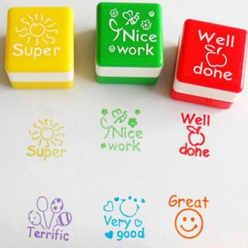 Description Picture 3 of item6pcs/set Cute Cartoon Kids Stamp Set Teachers Self Inking Praise Reward Stamps Motivation Sticker School Scrapbooking Seal DIY