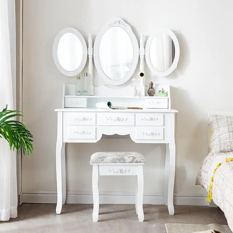 Description Picture 4 of itemDressing Table Stool Bedroom Furniture White Mirror Makeup Table In MDF 7 Drawers 3 Oval Rotatable Mirrors Home Furniture HWC