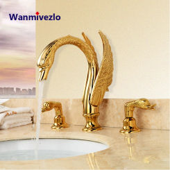 Bathroom Basin Faucet Deck Mounted Dual Handle Hot and Cold Water Mixer Sink Tap Golden Swan Basin Crane Faucet