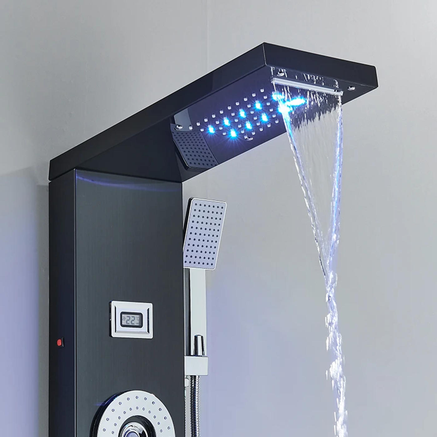 Description Picture 4 of itemBlack LED Rain/Waterfall Head Shower Panel Digital Screen Massage Jets Waterfall Bath Tub Spout Bathroom Shower Column System