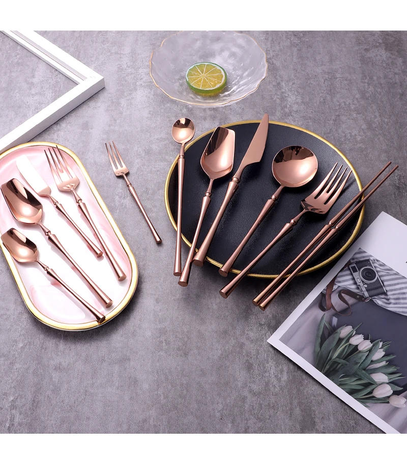 Description Picture 4 of itemBright Rose Gold 18/10 Stainless Steel Cutlery Dinnerware Tableware Knife Spoon Fork Chopsticks Flatware Set Dishwasher Safe