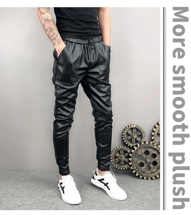 Description Picture 4 of itemIdopy New Arrival Autumn Winter Mens Korean Hip Hop Faux Leather Harem Pants Drawstring Elastic Waist PU Leather Joggers