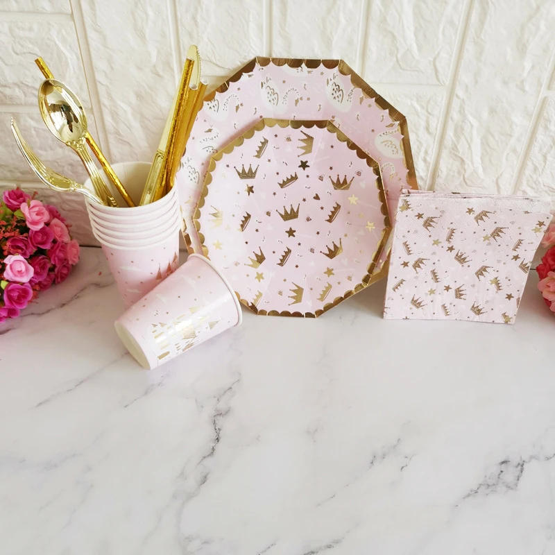 Description Picture 2 of itemRose Gold Pink Party Paper Plates Cups Straws Disposable Tableware Kids Birthday Wedding Carnival Tableware Supplies Decoration