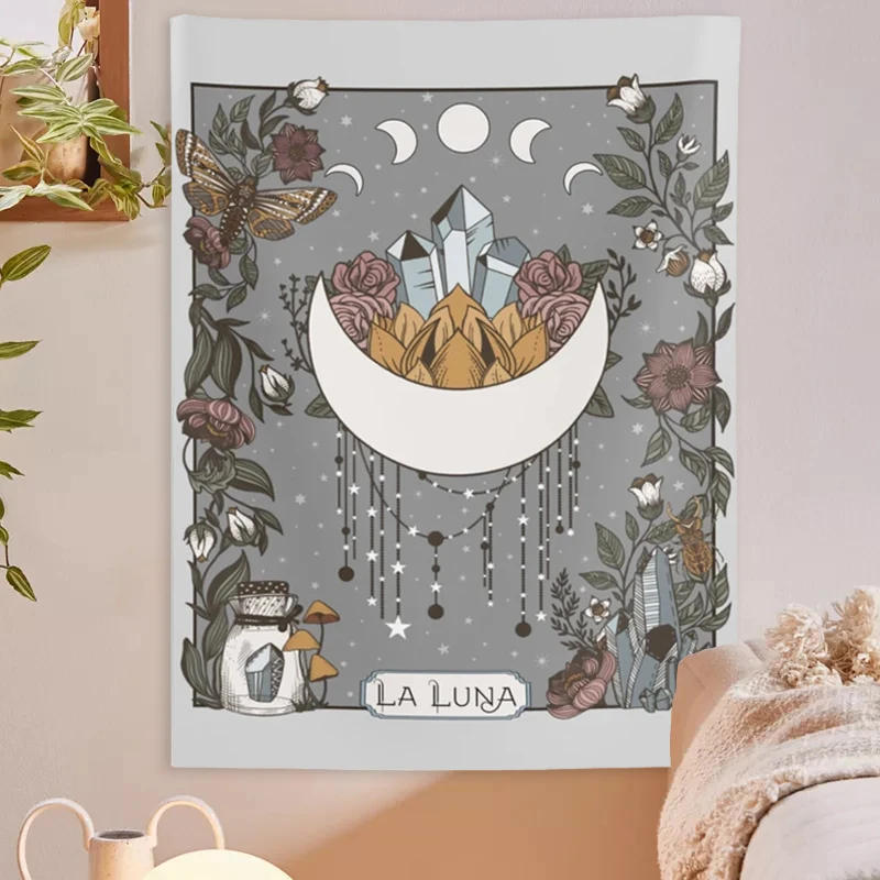 Description Picture 4 of itemLa Luna Tapestry Wall Hanging Moon  Phase Tarot Card psychedelic scene home decoration Witchy Nature Hanging Wall Art sheets