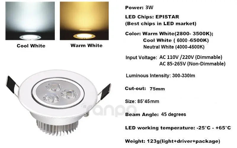 Description Picture 3 of item3W 5W 7W 9W 12W 15W 18W LED Recessed Ceiling Down Light White Lamp AC 220V 110V Downlight Spotlight for Home Living Room Hotel